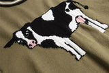 Elevated Cow Print Knit Round Collar Jumpers Sweater