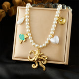 Golden Octopus Heart Pearl Pendant Necklace