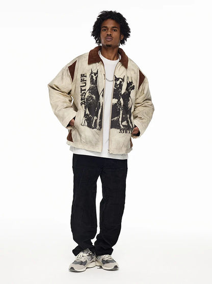 Cozy Distressed Dog Head Graffiti Lapel Jacket