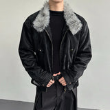 Niche Design Diamonds Fur Collar PU Leather Jacket