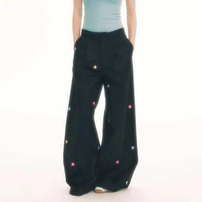 Vintage Star Embroidered Wide-Leg Pants