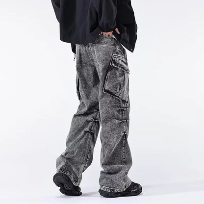 Minimal Look Gray Pleated Cargo Jeans