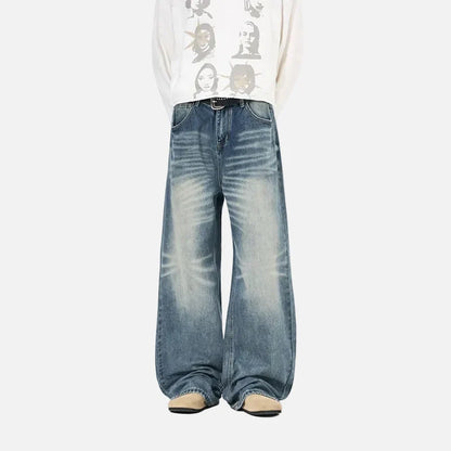 Elevated Cracked Washed Loose Fit Wide Leg Jeans