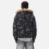 Streetwear Tie Dye Plaid Fur Hooded Jacket
