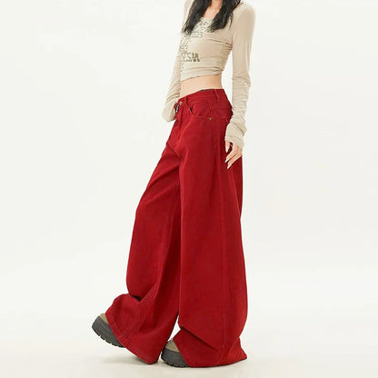 Trendy Cute Oversized Red Baggy Wide Leg Jeans