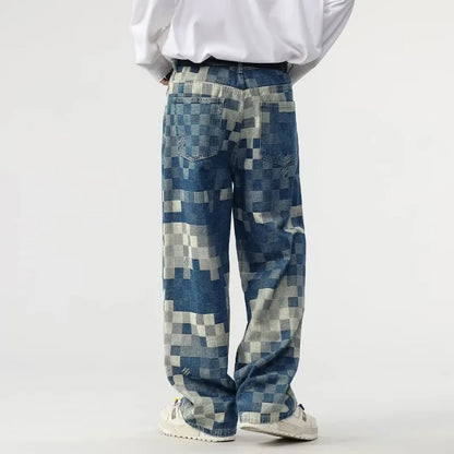 Vibrant Mosaic Checkerboard Printed Jeans