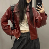 Women Red Retro Lapel Leather Jacket