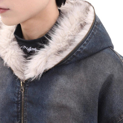 Winter Thickened Furry Hooded Denim Jacket