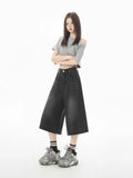 Women Casual Chic Black Wide Leg Denim Jorts