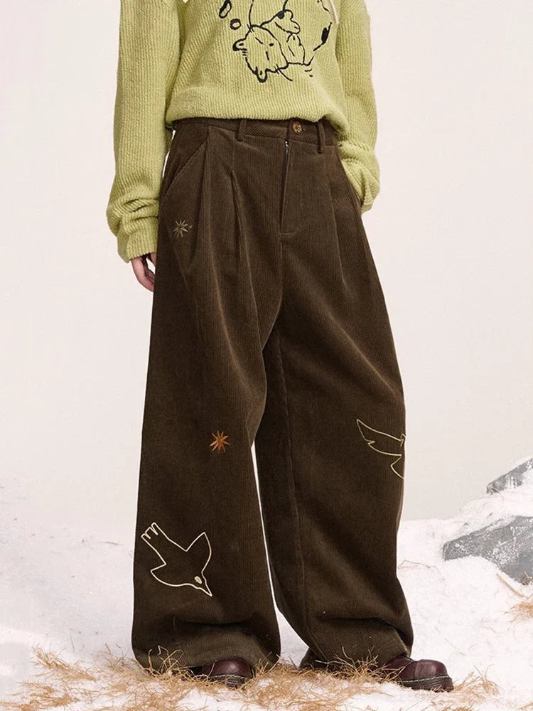 Embroidered Dove Brown Corduroy Pants