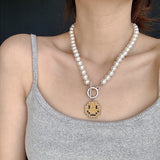 Rhinestone Smile Face Pearl Pendant Necklace