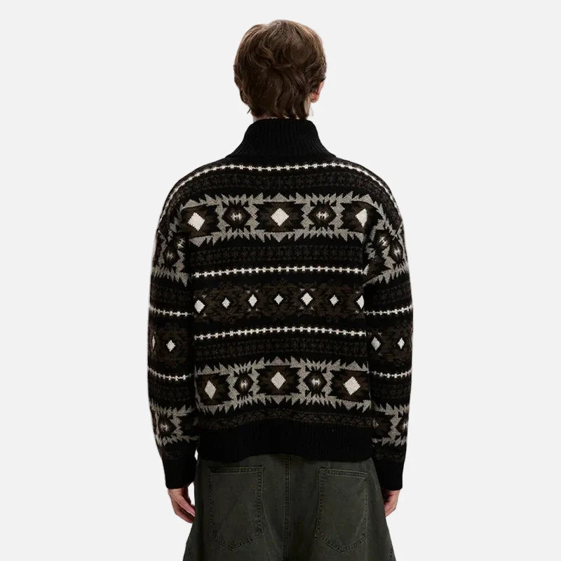 Elegant Geometric Pattern Stand Neck Zipper Cardigan
