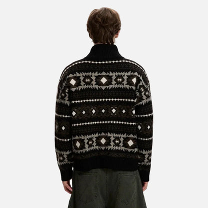 Elegant Geometric Pattern Stand Neck Zipper Cardigan