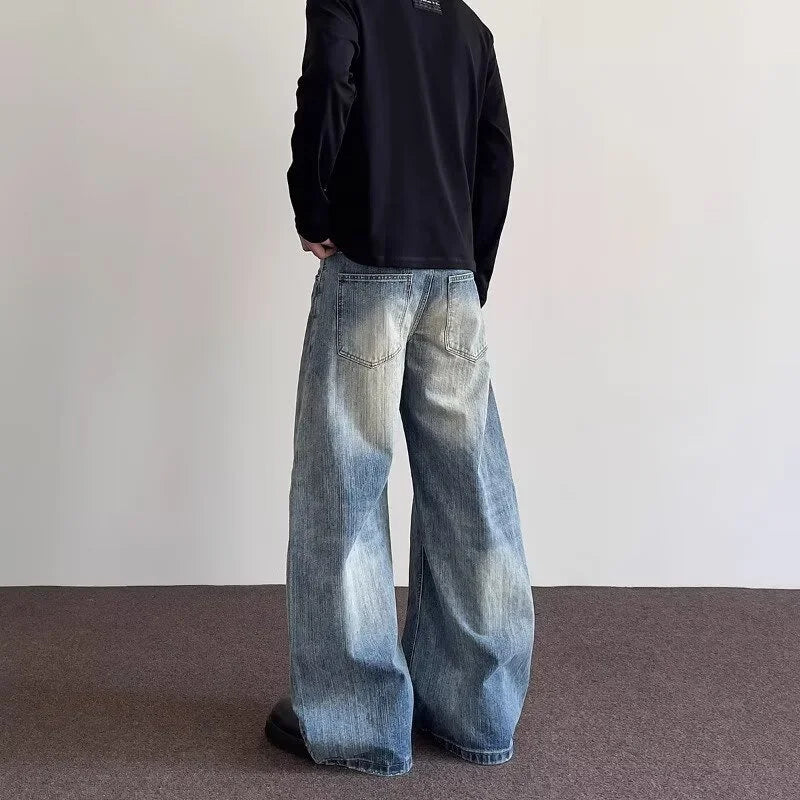Vintage Washed Blue Textured Wide Jeans