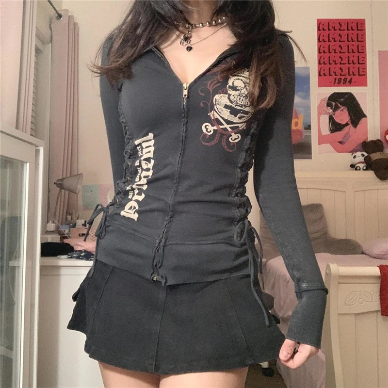 Xingqing Grunge Punk Gothic Zip-Up Sweatshirt