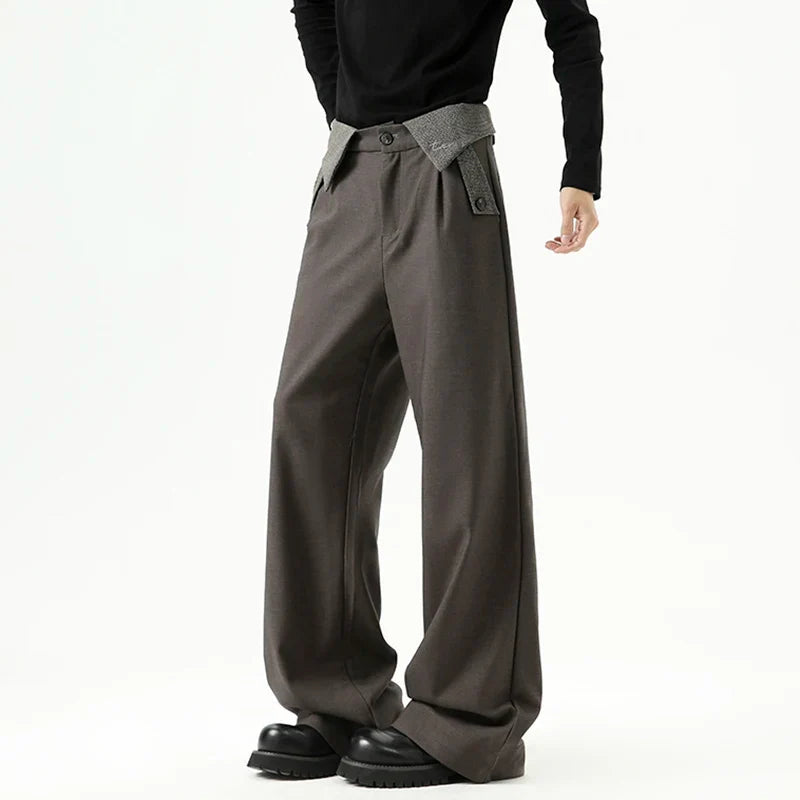 Cozy Contrast Color Pleated Straight Leg Suit Pants
