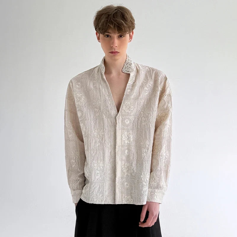 Luxury Pearl Patchwork Long Sleeve Shirt