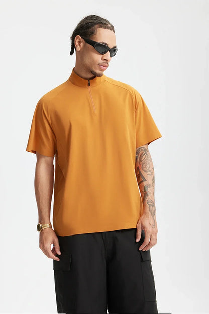 Model wearing the orange The Urban Zip T-Shirt