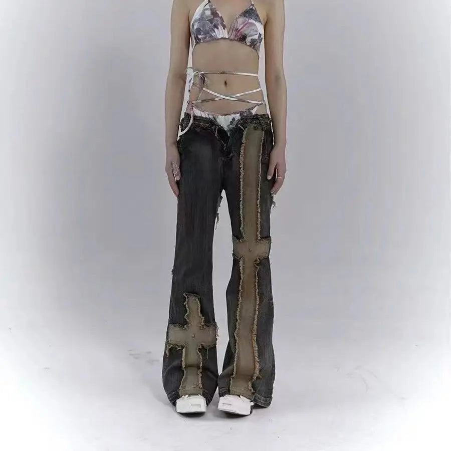 Distressed Patchwork Cross Jeans
