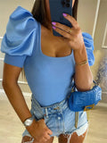 Women Ribbed Buffed Shoulder Top