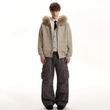 Streetwear Striped Fur Hooded Knit Cardigan