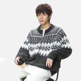 Soft Textured Knit Fair Isle Zipper Cardigan