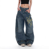 Women Embroidered American Style Retro Straight Jeans
