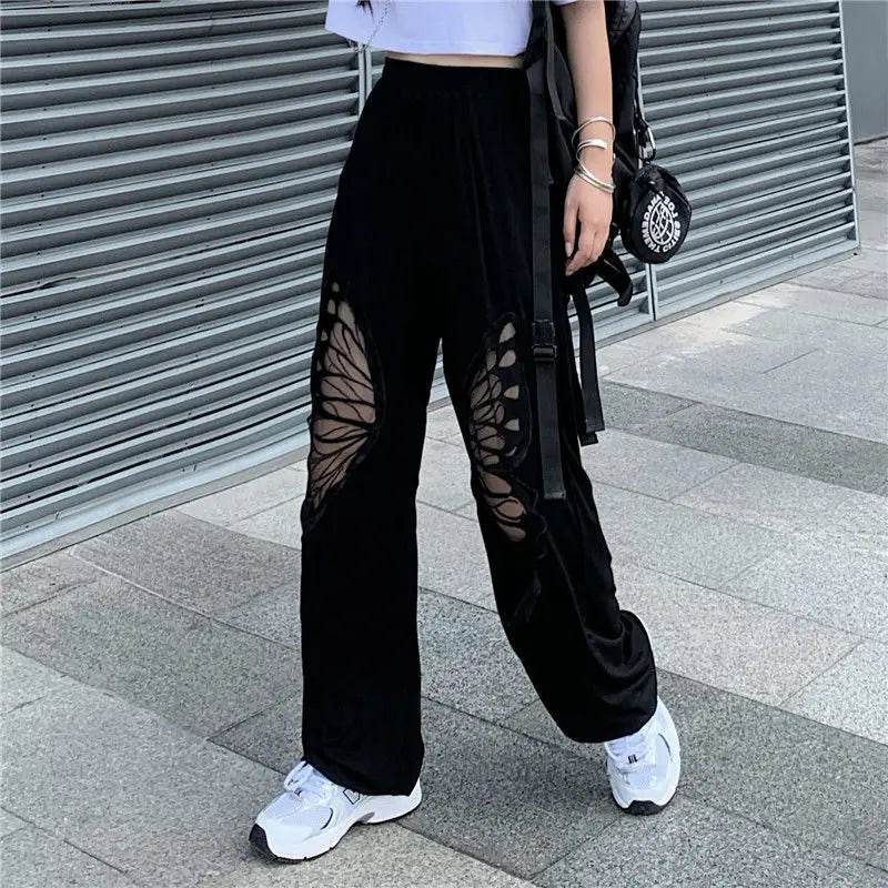 Hallowed-out Butterfly Black Women's Pants