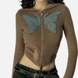 Y2K Butterfly Hole Knitted Zipper Crop Cardigan