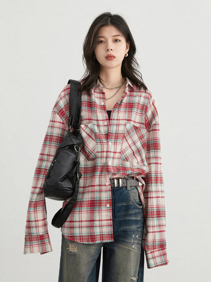Women Streetwear Cool Color Blocked Grid Chic Cotton Shirt