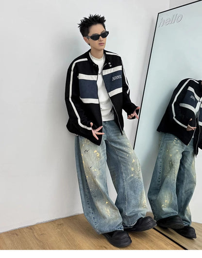 Vintage Contrast Motorcycle Suede Bomber Jacket