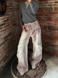 Durable High Waist Raw Edge Wide Leg Cargo Jeans