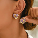 Gold Border Purple Heart Enamel Earrings