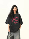 Washed Black Rose Print Round T-Shirt
