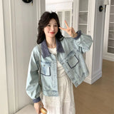 Women Retro Grid Splicing Denim Jacket