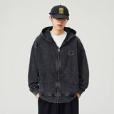Washed Streetwear Embroidered Zip-Up Hooded Sweatshirt