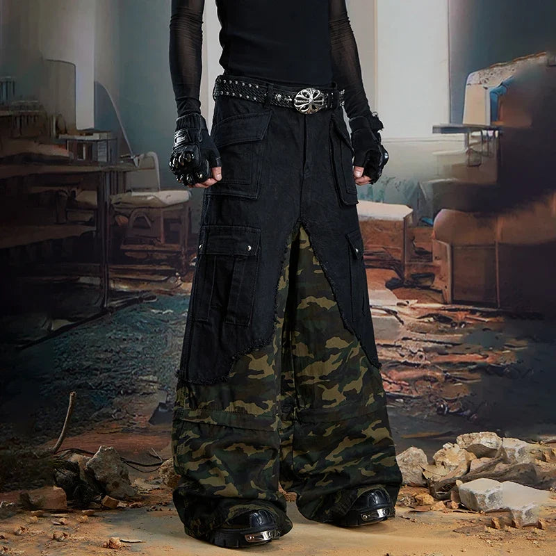 Streetwear Camouflage Splicing Wide Leg Cargo Jeans