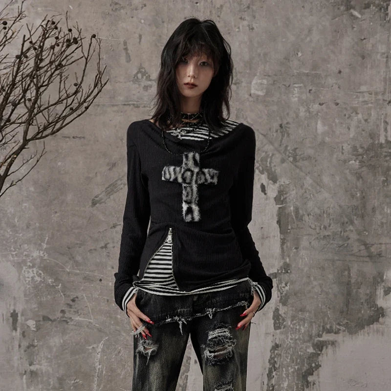 Grunge Patchwork Knitted Long Sleeve Top