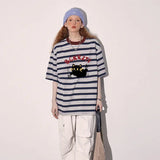 Women Retro Hip Hop Stylish Black Cat Print Striped T-Shirt