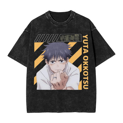 Anime Girl Dinner Print Washed T-Shirt