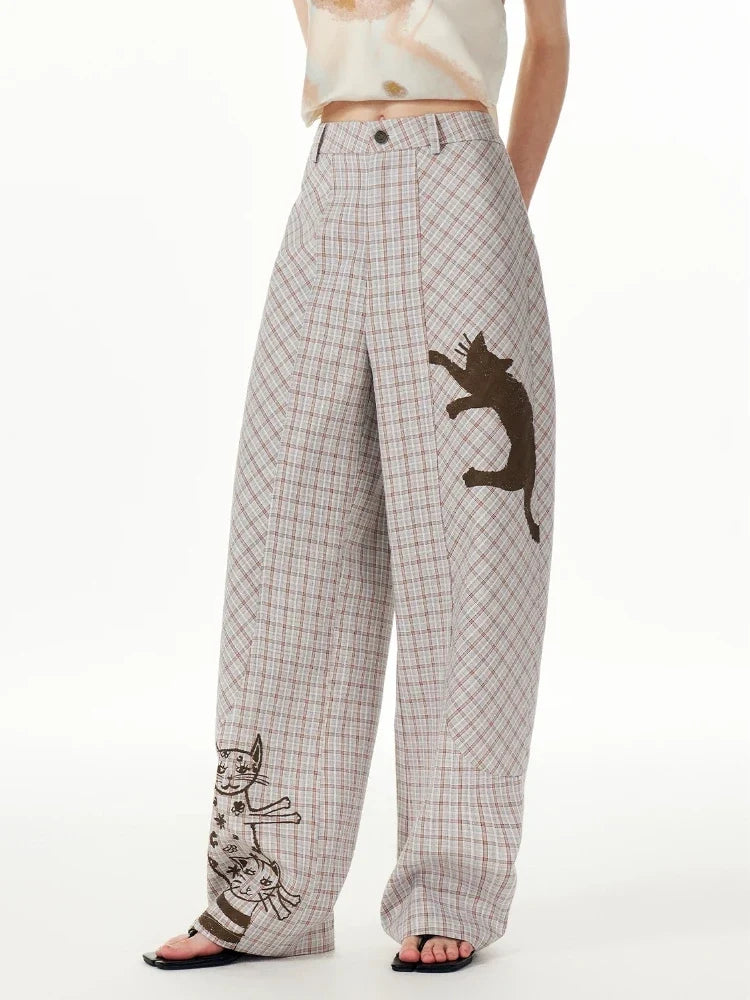 Comfort Plaid Cat Print Retro Sweatpants