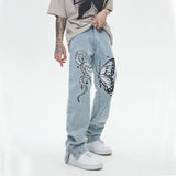 Butterfly Snake Embroidery Straight Denim Pants