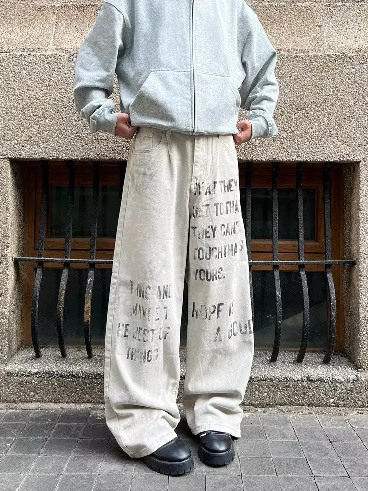 Cyber Y2K Printed White Baggy Jeans
