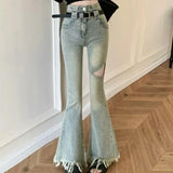 Women High Waist Tassel Denim Flare Jeans