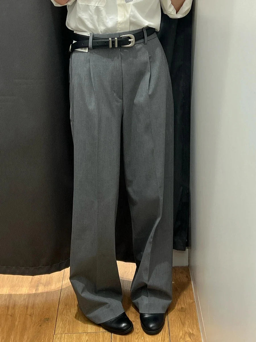 Elegant Gray Pleated Wide Leg Pants