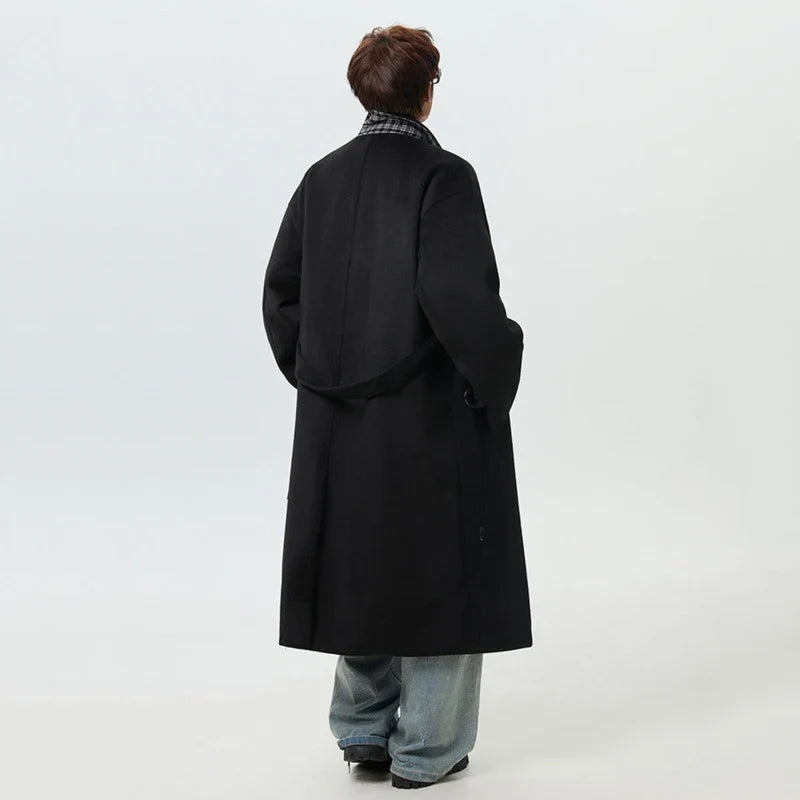 Lightweight Plaid Single Breasted With Belt Woolen Coat
