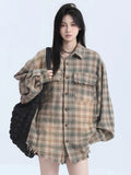 Women Streetwear Vintage Plaid Tassel Long Sleeve Shirt