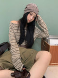 Women Streetwear Vintage Striped Slash Neck Grunge T-Shirt