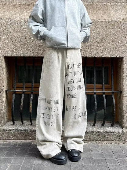Cyber Y2K Printed White Baggy Jeans