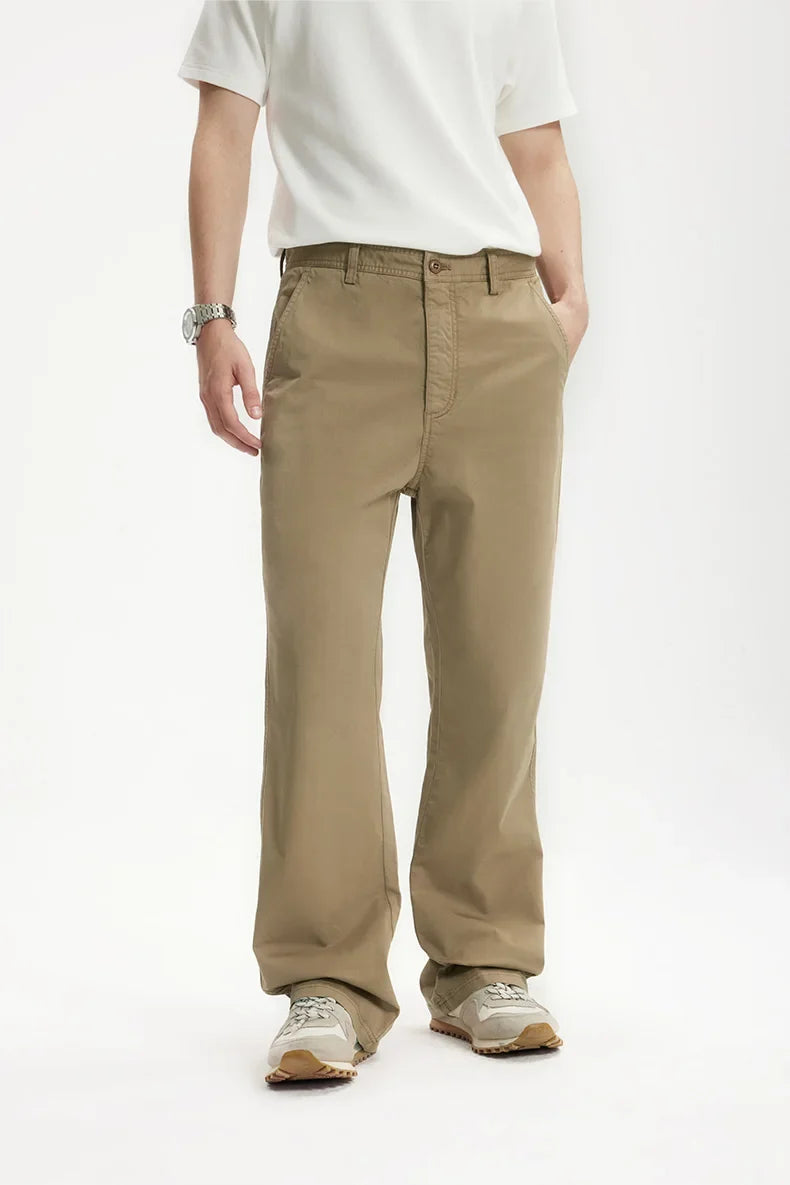 Model wearing the khaki Men's Straight-Leg Chino Pants